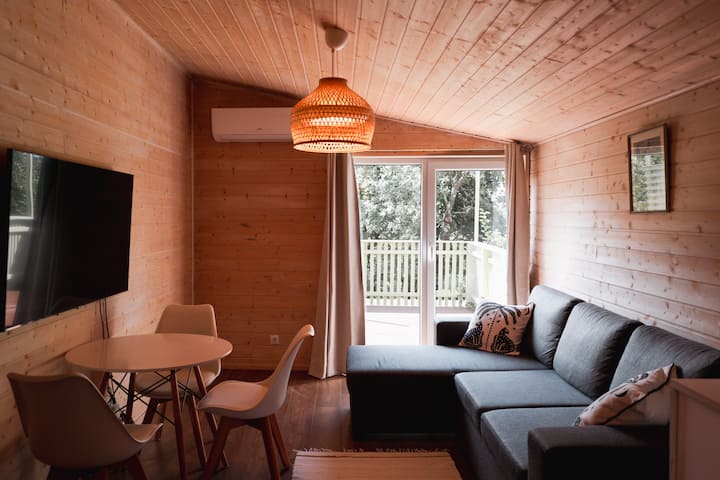La sala de estar que está conectada con la cocina pequeña. El aire acondicionado se puede ver a la izquierda. El sofá se puede doblar desde el centro. Las sábanas y almohadas están debajo de la parte larga. La televisión mide 55 pulgadas.