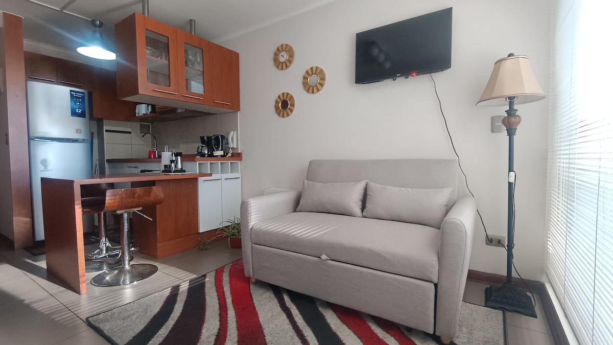 A modern living area features a comfortable gray sofa and a flat-screen television mounted on the wall. A small dining area includes high stools next to a kitchen bar. Natural light filters through large windows, illuminating patterned area rugs on the floor.