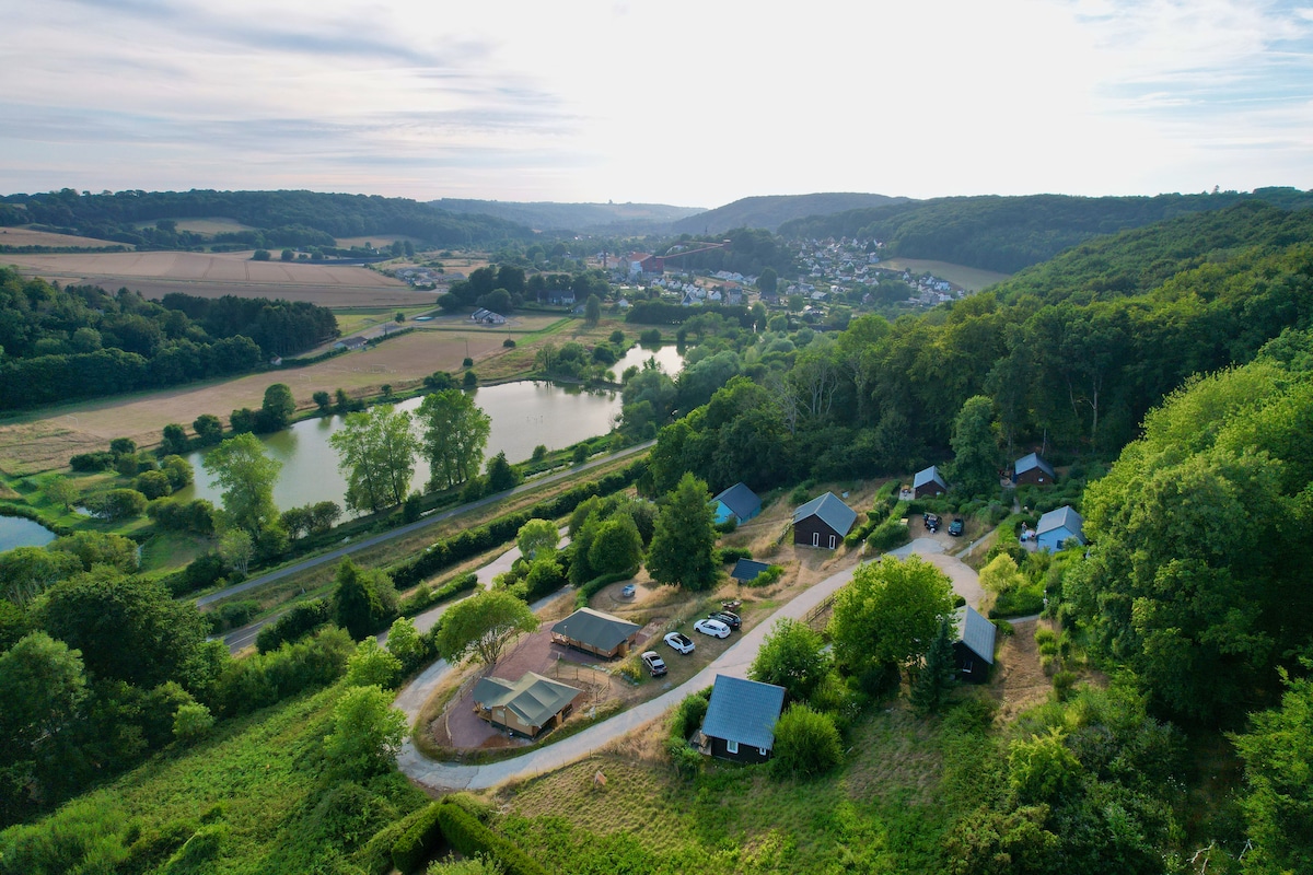 An aerial view showcases a serene landscape featuring a cluster of wooden chalets among lush greenery. Nearby, tranquil ponds reflect the surrounding hills, while open fields stretch towards a small village in the distance. The area is defined by trees and natural beauty.