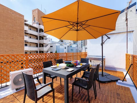 青羽・桃谷 direct airport access to the rooftop for BBQ