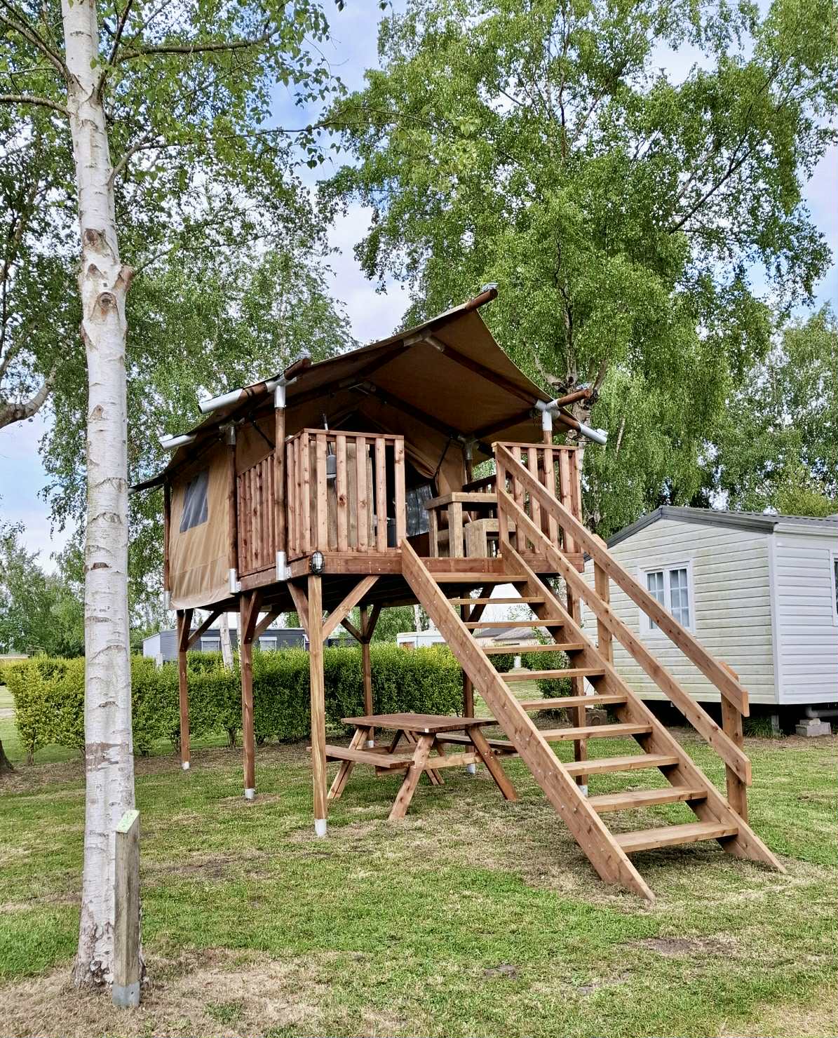 A wooden tent lodge rests elevated on stilts, surrounded by lush greenery. Sturdy wooden steps lead up to the tent entrance. Below, a picnic table is situated on a grassy area, creating a welcoming space for outdoor relaxation.