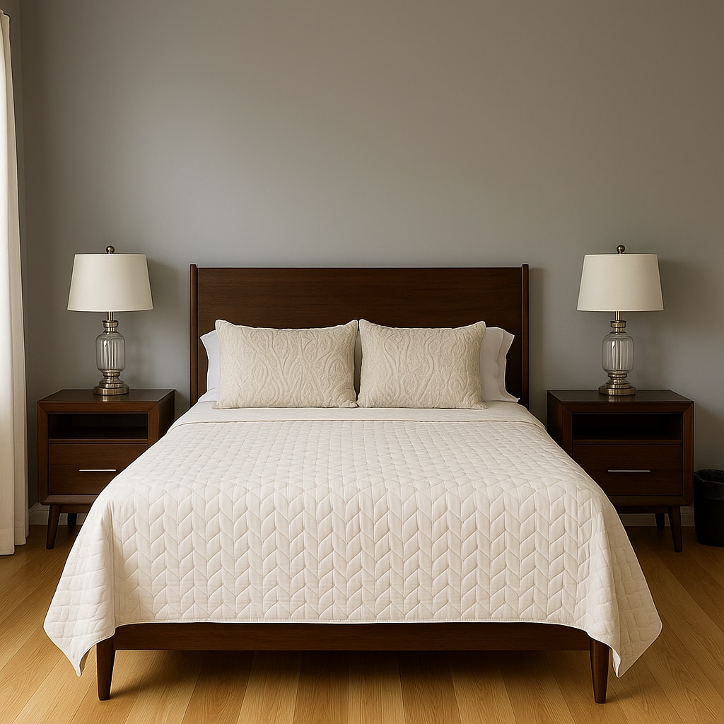 Chambre avec des meubles minimalistes en bois foncé : une chambre propre et moderne avec un cadre de lit en bois foncé, de la literie blanche et des tables de chevet assorties avec des lampes en verre.