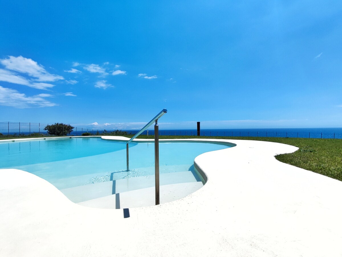 A modern pool area showcases a sleek shape with gentle curves. Steps lead into the clear water, framed by a bright white deck. Lush green grass borders the pool, with a panoramic view of the sky and sea stretching into the horizon.