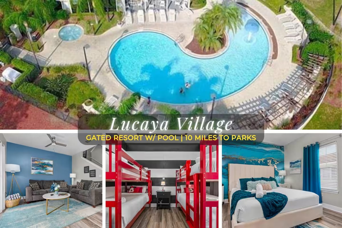 An aerial view captures the resort's pool, surrounded by lounge chairs and palm trees. Below, images of a living area with comfortable seating, vibrant art, and a spacious bed with colorful bunk beds highlight family-friendly accommodations. Clear blue water invites relaxation in the gated community.