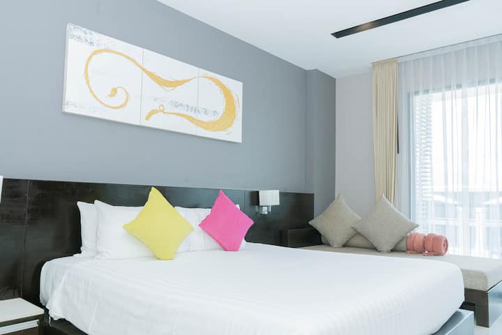 Spacious Bed Room with Soft Bed and Pillows. King Size Bed for 2 people and Sofa bed for Third Person if any.