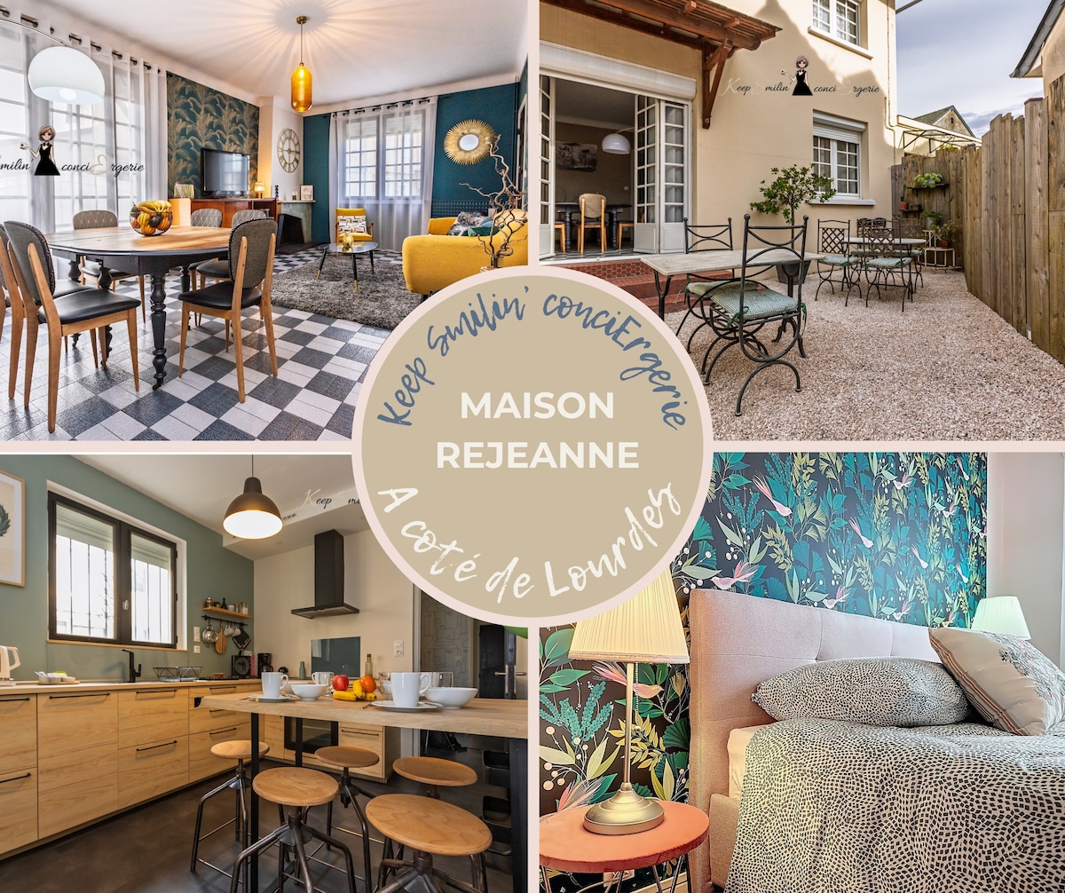 A collage showcases the unique features of Maison ReJeanne. The top left displays a stylish living area with a patterned floor and inviting seating. The top right emphasizes the outdoor terrace with dining furniture. The bottom left presents a modern kitchen with wooden cabinetry and vibrant table settings. The bottom right features a cozy bedroom adorned with a botanical-themed wall.