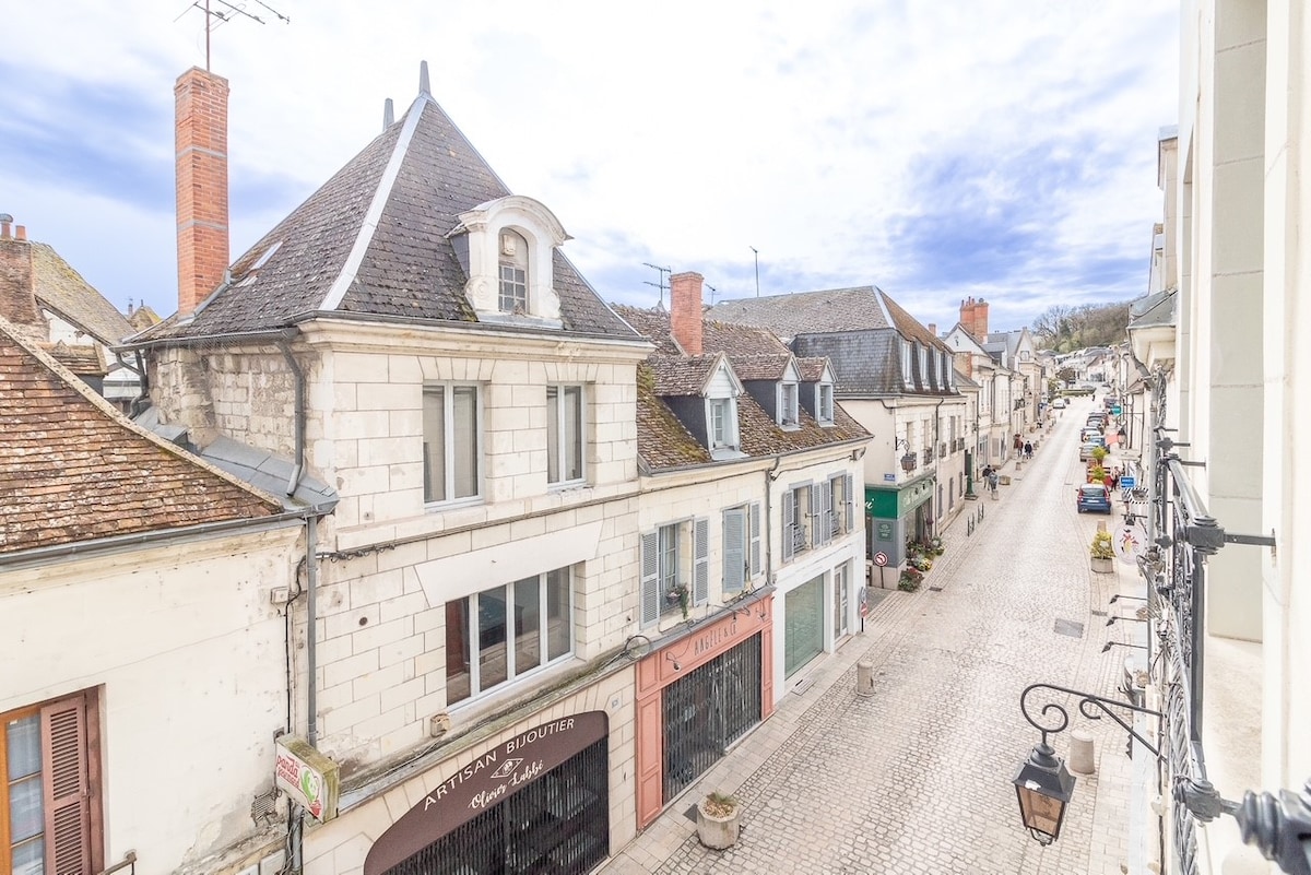 A view of the charming streets of Saint-Aignan, featuring historical buildings with unique architectural details. The cobblestone road is lined with shops and cafes, while the rooftops display a mix of traditional and renovated styles under a partly cloudy sky.