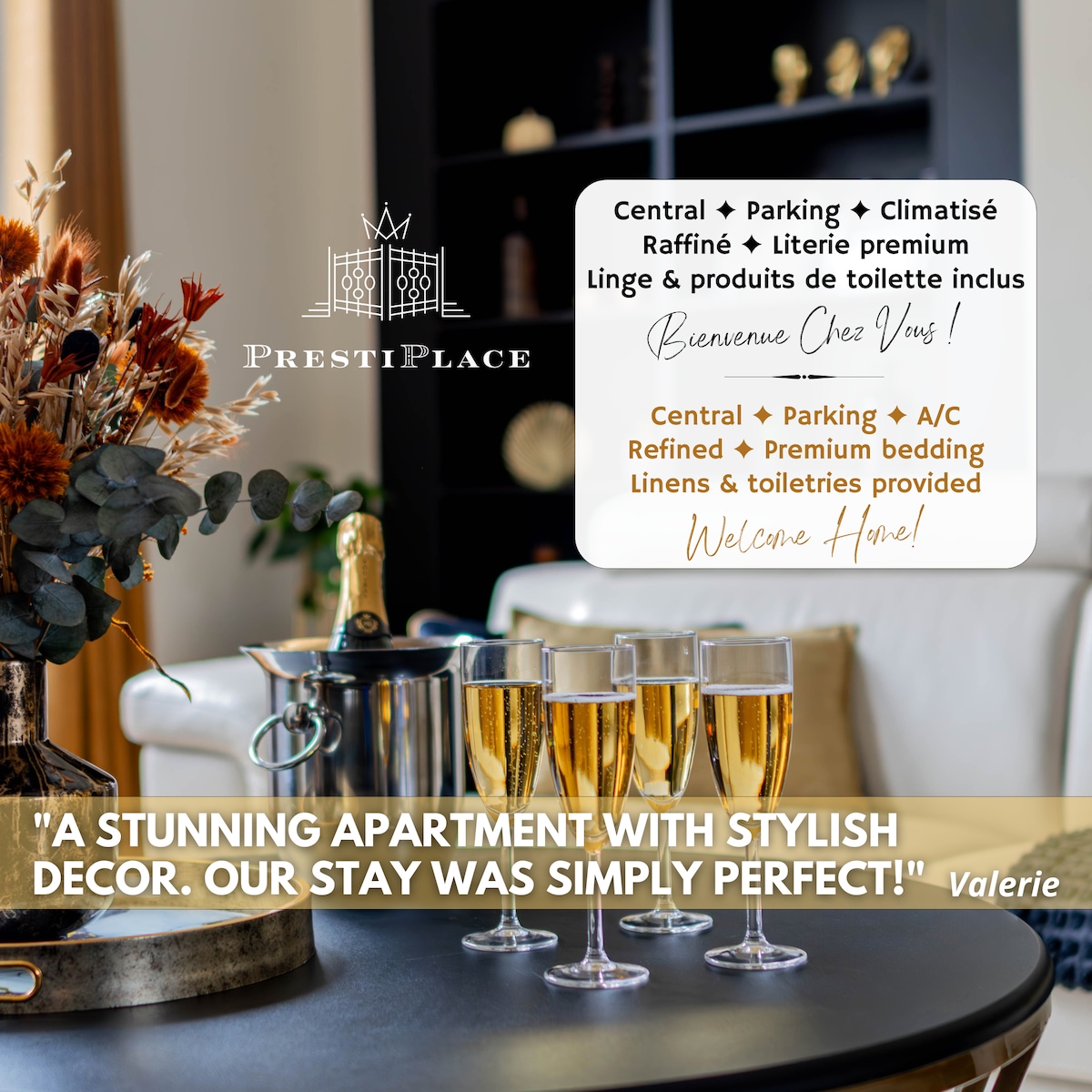 An elegant dining area features a stylish table set for four, complemented by a bottle of champagne and glasses. The modern decor and soft lighting create a refined ambiance, while a welcome card provides essential information about the apartment's amenities.