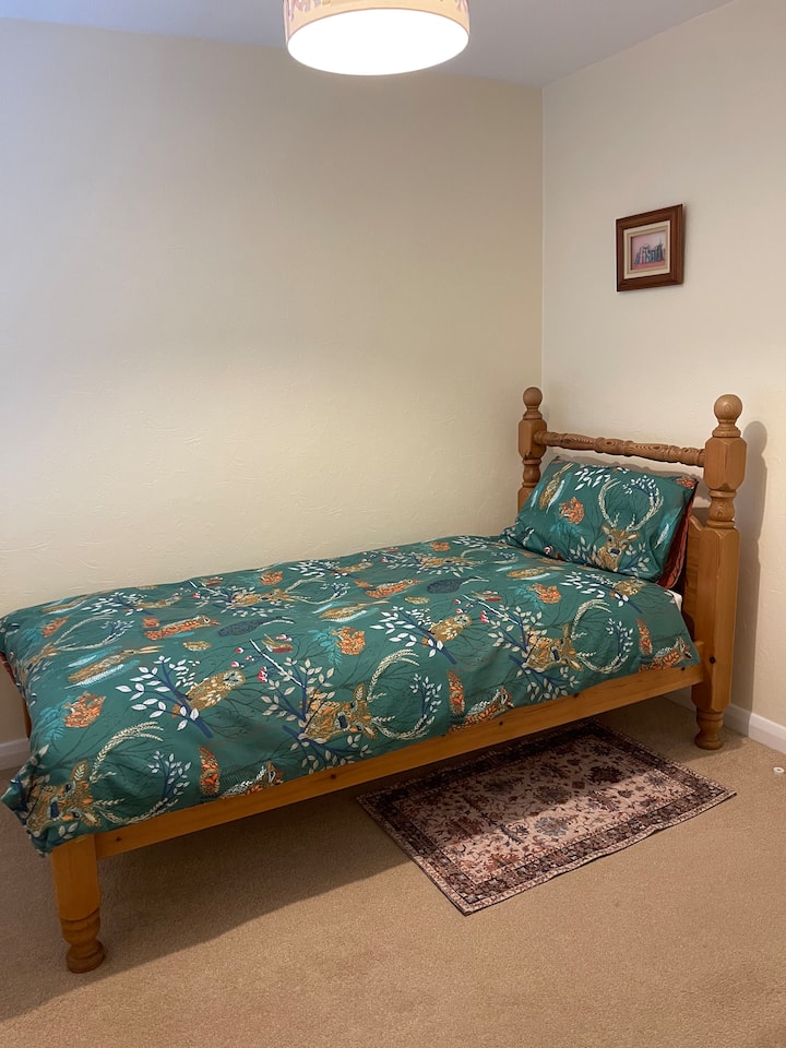 One 3 ft single bed/adult mattress, One z bed type single bed,  large mirror, bedside cabinet and lamp, wall hung and under bed storage, quick release window restrictor, night light. 
Options  -  room for cot and one bed or two single beds only. 