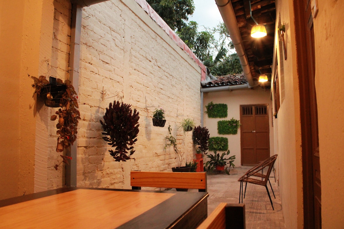 A serene outdoor patio area is framed by textured white walls, featuring various potted plants and lush greenery. Soft lighting hangs above, highlighting a wooden table and two slatted chairs, creating an inviting place for relaxation or socializing.