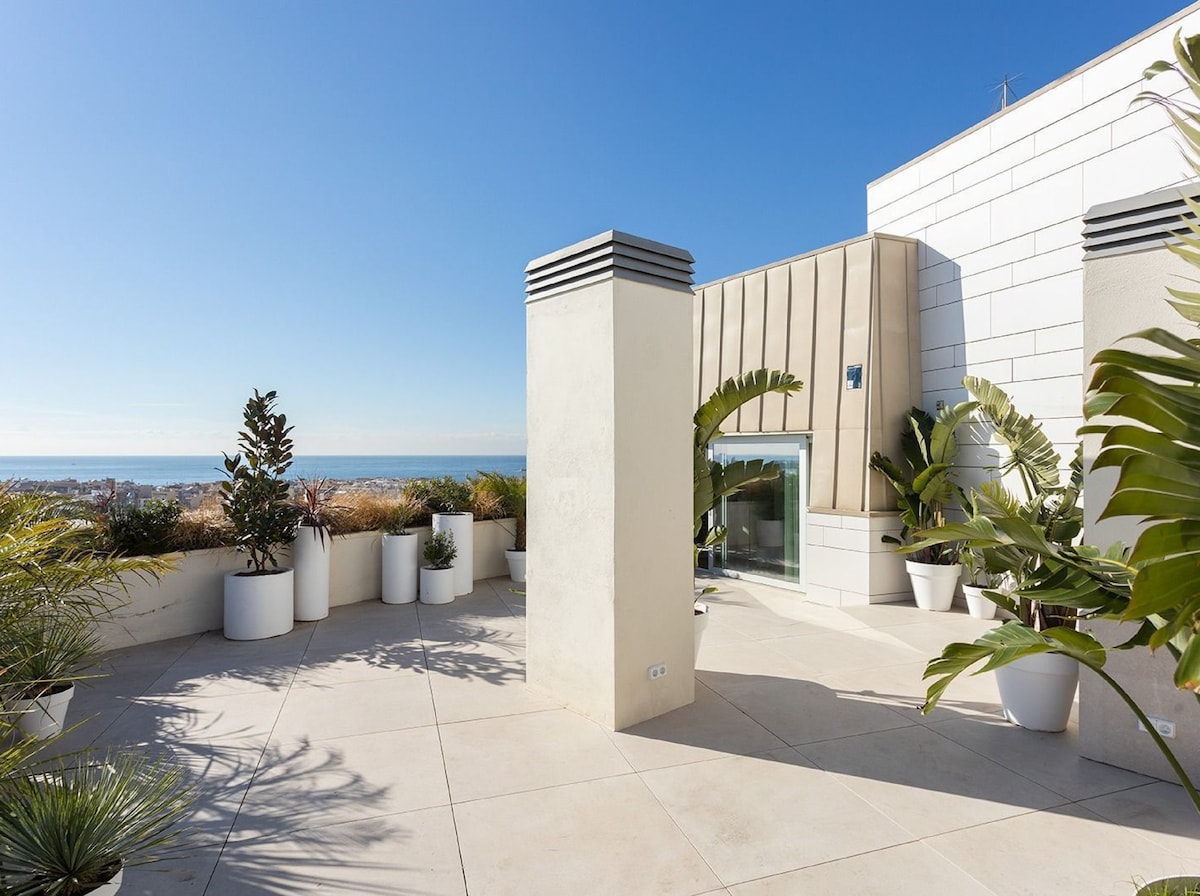 An outdoor terrace is showcased, featuring modern stone flooring and several white planters with lush greenery. A clear view of the sky and ocean is visible in the background, enhancing the tranquil setting. Large glass doors offer seamless access from the interior.