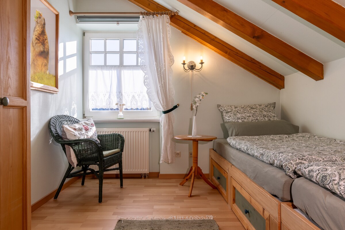 Gästeschlafzimmer mit zwei Einzelbetten und Kleiderschrank