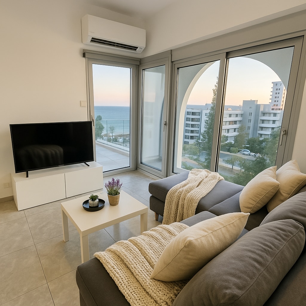 A modern living area features large glass doors offering panoramic sea views. Comfortable gray sofas with decorative cushions are arranged around a low coffee table holding a small potted plant. An entertainment unit with a television is positioned along a wall, while natural light floods the space.