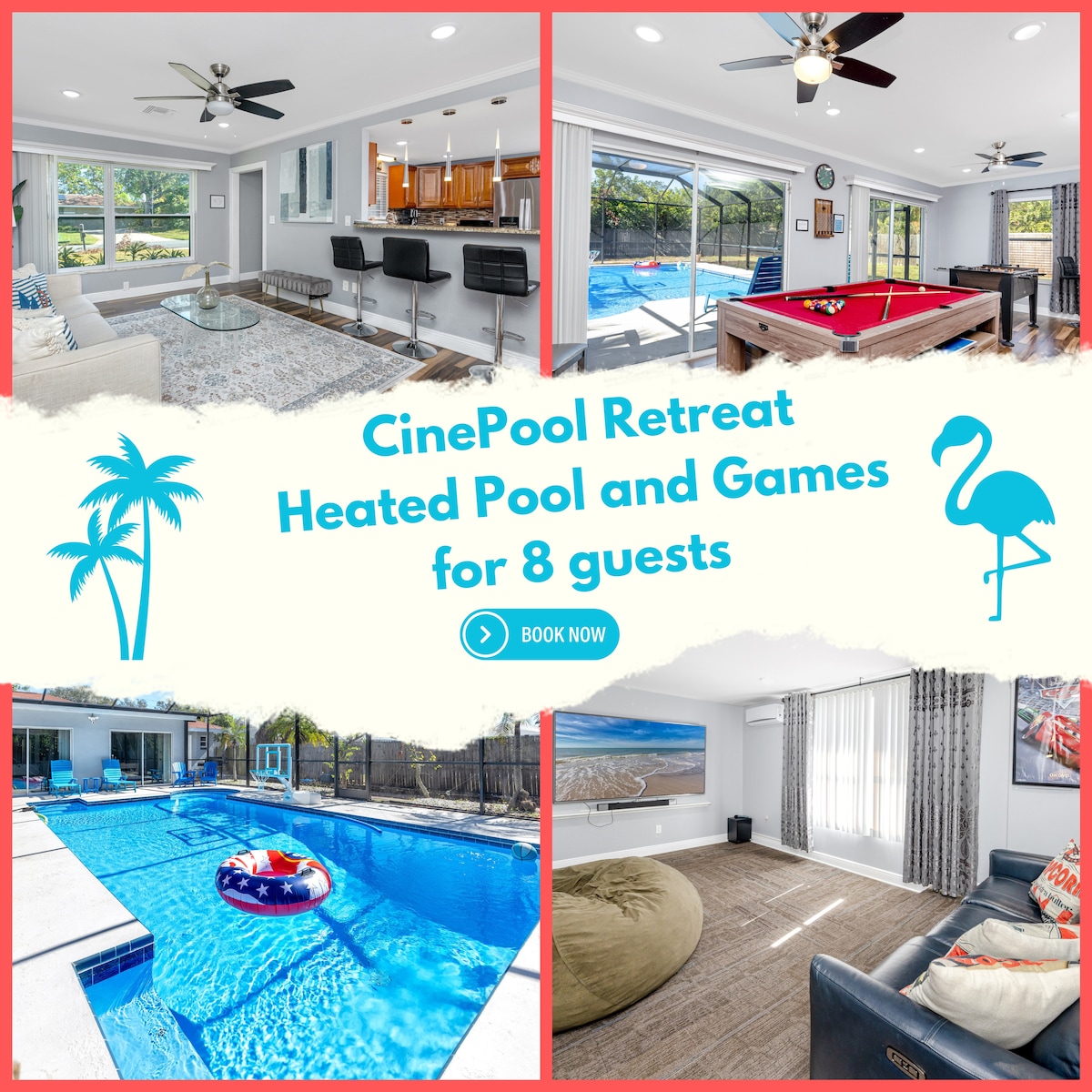 An open living area is visible, featuring a spacious seating arrangement and modern entertainment unit. A heated pool is situated just outside large sliding glass doors, with a lounging area nearby. A game room is highlighted by a billiards table and additional seating.