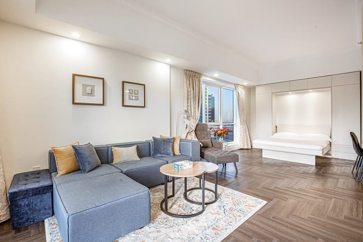 Fully upgraded living room area with pull out bed.