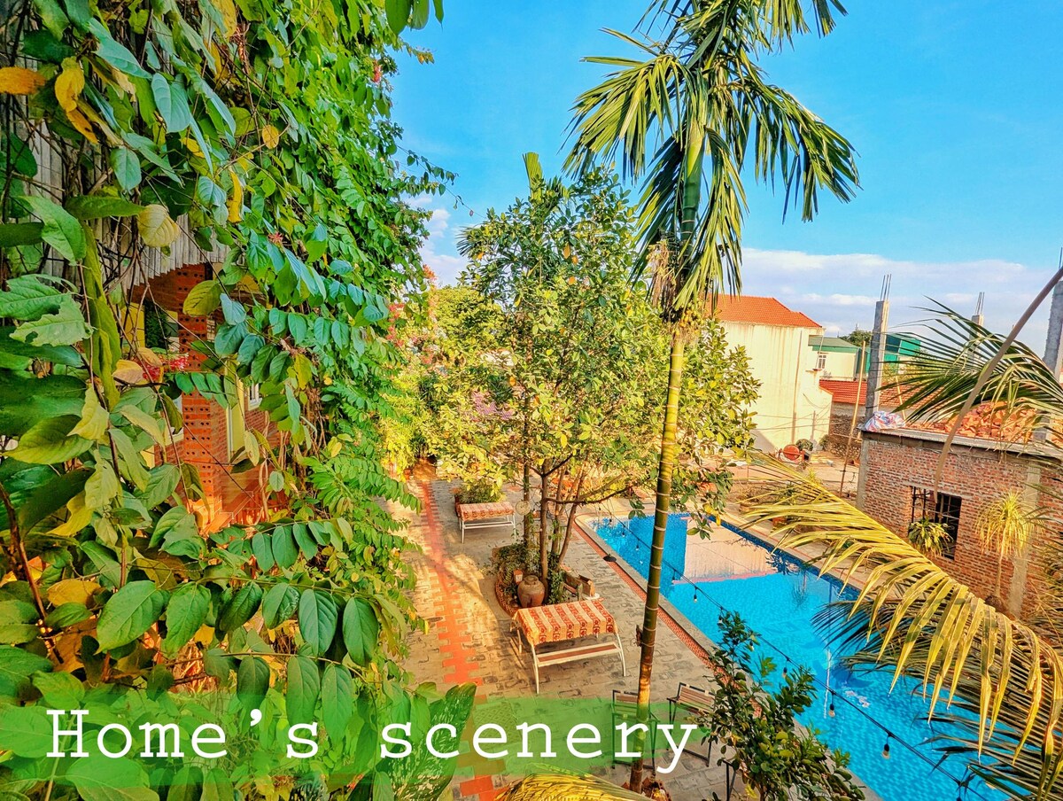 A peaceful outdoor area is surrounded by lush greenery and tropical plants. A well-maintained swimming pool reflects the clear blue sky. Comfortable seating with cushions is visible, inviting relaxation amid the serene atmosphere.