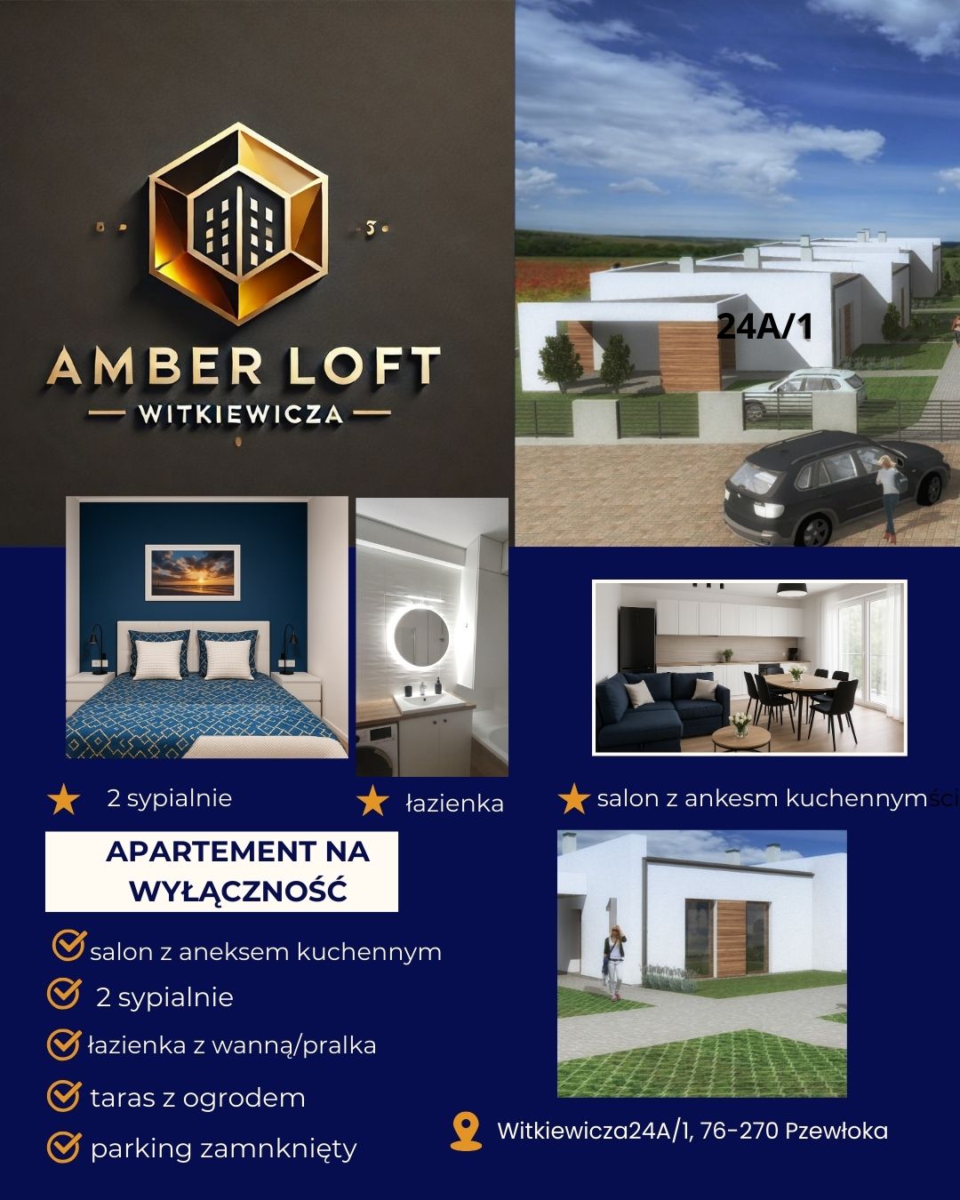 The image displays a modern accommodation with two bedrooms, a bathroom, and an open-plan living area with a kitchenette. A terrace leads to the garden, while exterior features include a private entrance and a distinctive sign for Amber Loft Witkiewicza, highlighting the address.