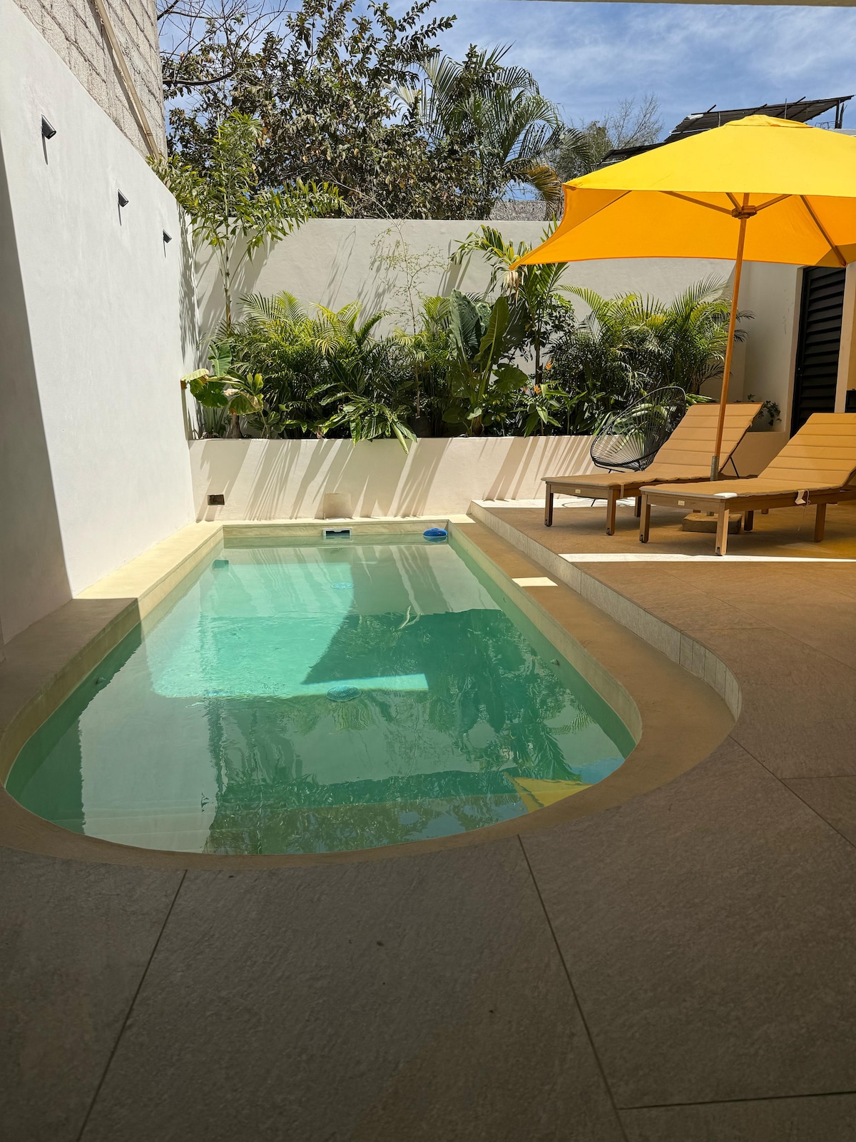 A private pool is framed by a smooth, curved edge, complemented by sunlit yellow loungers. An umbrella provides shade, while lush greenery surrounds the area, creating a serene retreat. The clear water reflects the blue sky, evoking a tranquil atmosphere.