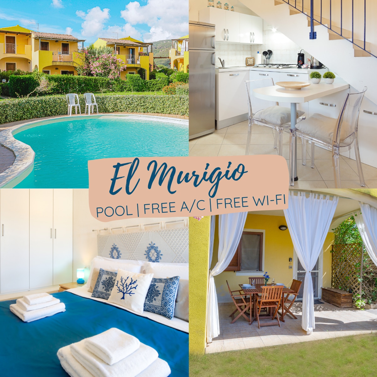 A shared pool is surrounded by lush greenery, offering a refreshing escape. An inviting kitchen area includes modern appliances and a dining table set for four. A cozy bedroom features a spacious bed with fresh linens, while an outdoor patio is equipped with a dining set and curtains for privacy.