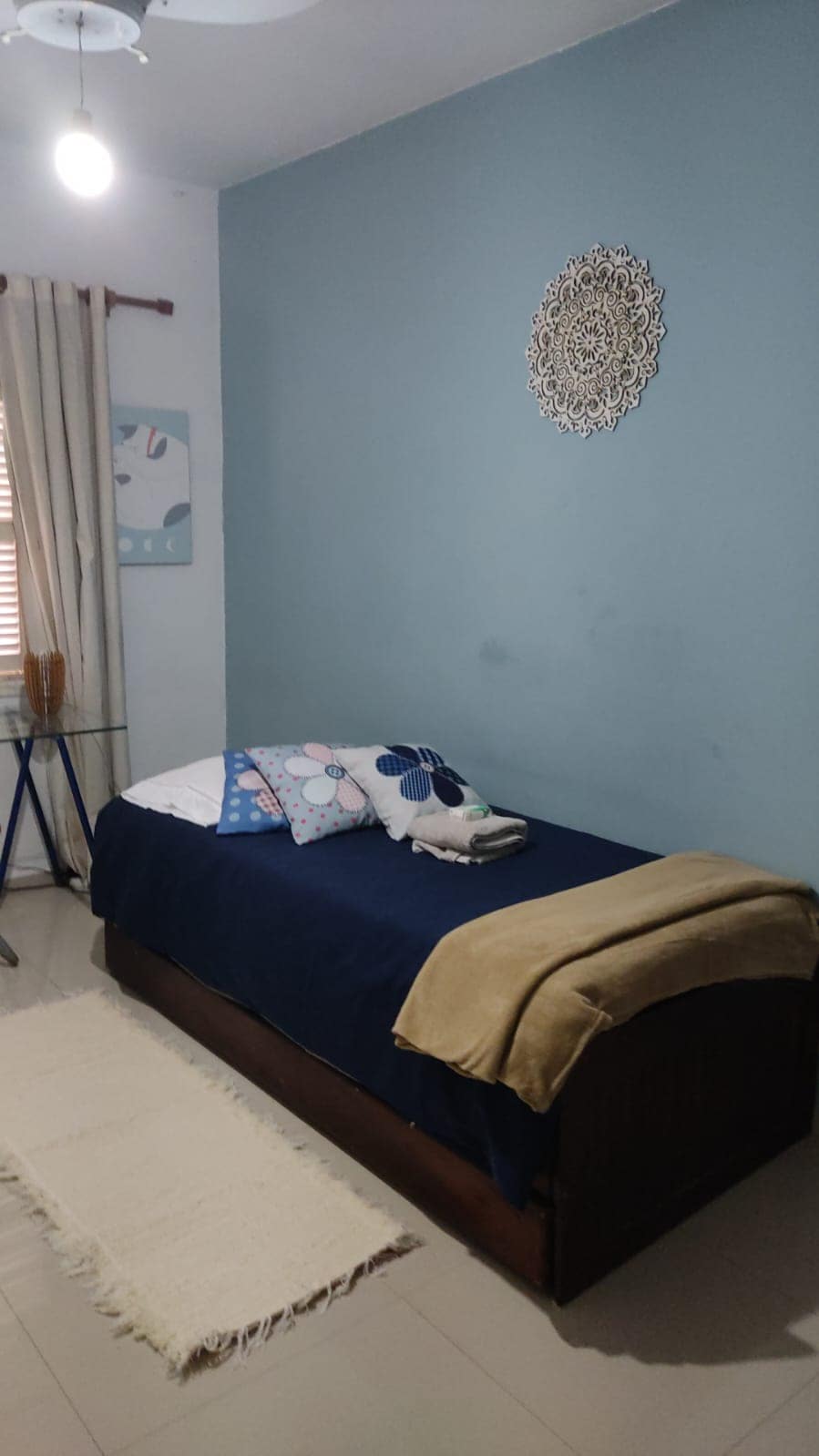A simple sleeping area features a single bed with a dark blue blanket and several decorative pillows. A light-colored area rug lies beneath. A small wooden table is positioned beside the bed, while soft light filters through sheer curtains.