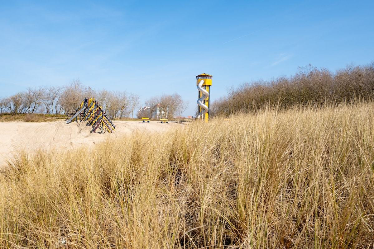 A sandy landscape is framed by tall grasses, leading to a lookout tower marked by yellow and white stripes. Nearby, a colorful climbing structure is visible, adding a playful touch to the serene beach setting against a clear blue sky.