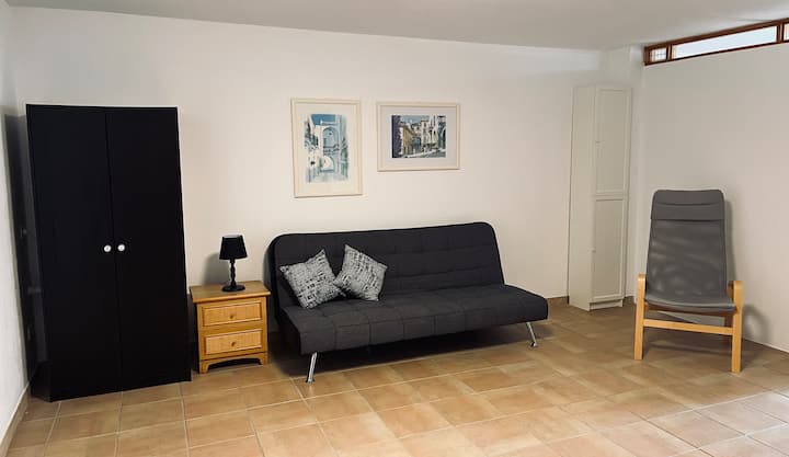 niža razina s kaučem na razvlačenje, ormarom i prostorom za sjedenje
