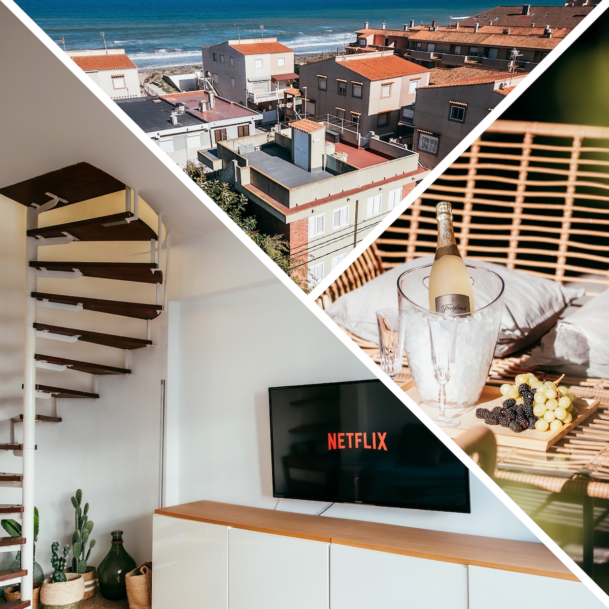 An overhead view captures the coastal neighborhood, revealing houses with terracotta roofs adjacent to the ocean. In a separate section, a Smart TV displays the Netflix logo beside a wooden table set with a chilled bottle and fresh fruit in a cozy seating area.