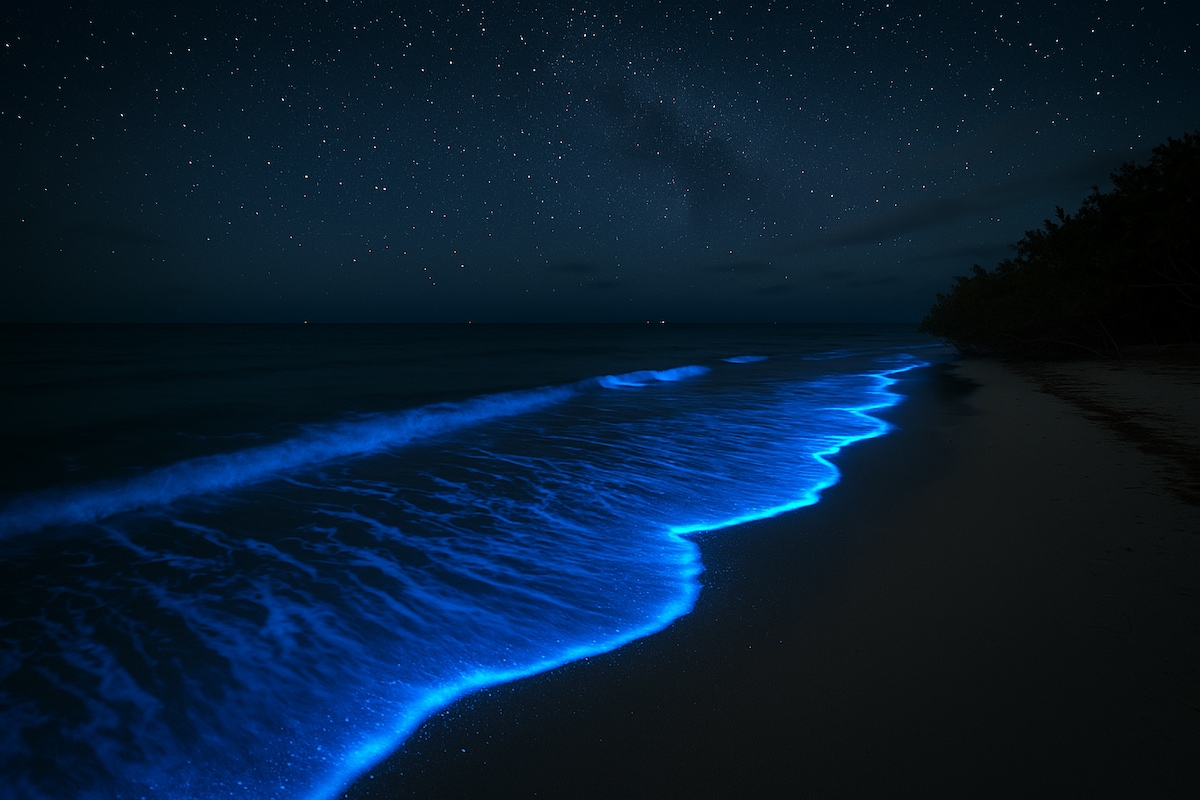 A serene beach scene is illuminated by bioluminescence, with waves gently glowing in shades of blue against the dark shoreline. The night sky is filled with stars, creating a tranquil atmosphere where the ocean meets the land.