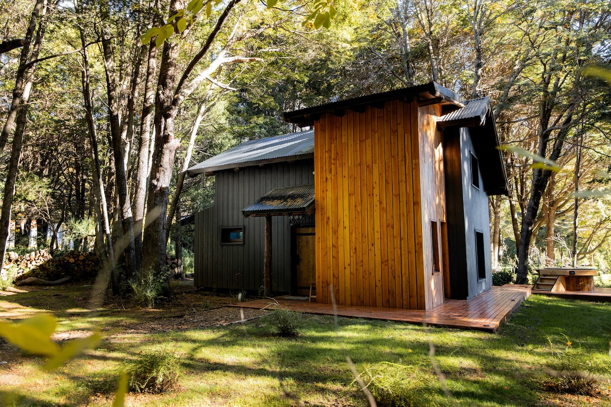 The cabin features a modern design, with a combination of wooden and metal exteriors. Surrounded by native trees, the lush green lawn enhances the natural setting. A wooden deck extends from the side, providing a seamless transition between indoor and outdoor spaces.