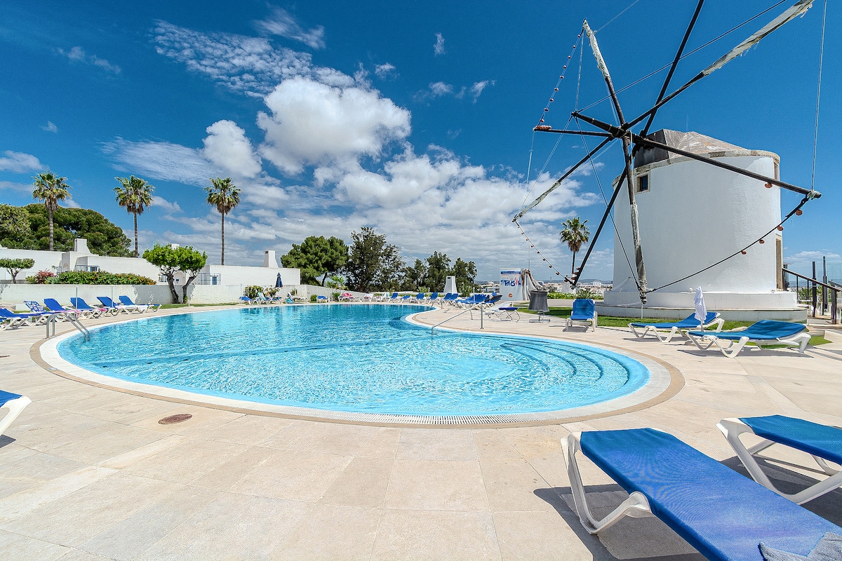 A serene swimming pool is surrounded by lounge chairs, with palm trees framing the area. The pool's water reflects the clear blue sky, while a large, traditional windmill stands nearby, adding a unique architectural element to the scene.