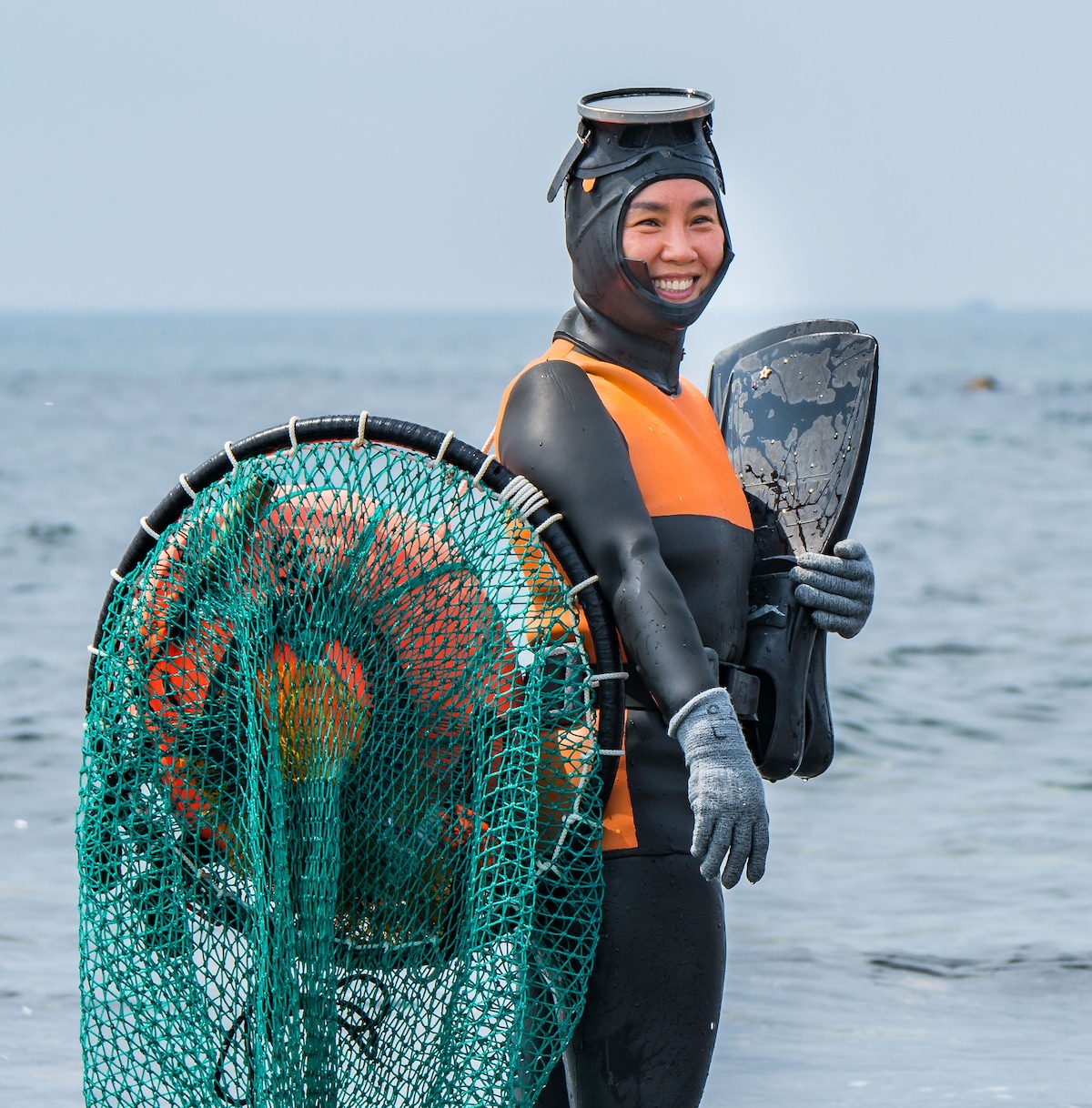 An individual wearing a wetsuit is depicted standing in shallow water. The person holds a fin in one hand and a large fishing net with a colorful buoy in the other. The ocean stretches out in the background, under a clear sky.