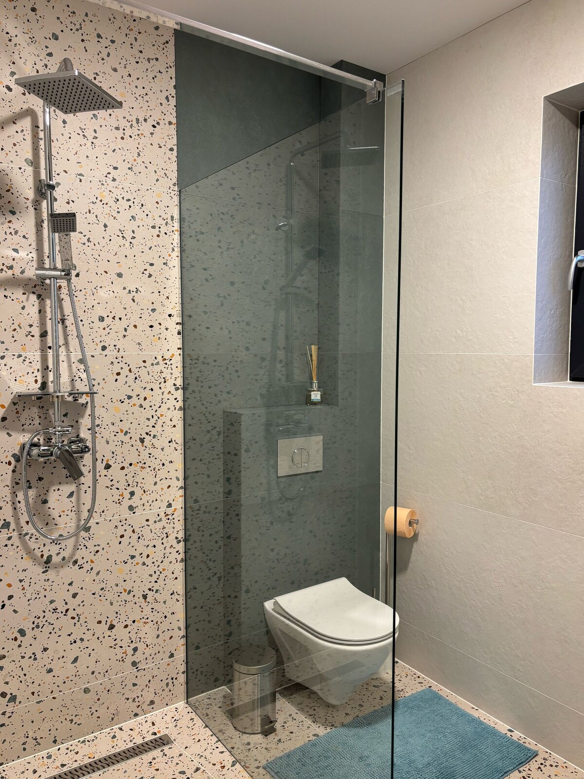 A modern bathroom features a glass-enclosed shower with a rainfall showerhead and sleek wall-mounted controls. The wall showcases a blend of textured tiles, while a compact toilet is positioned nearby. A light blue bath mat adds a subtle touch beneath the shower area.