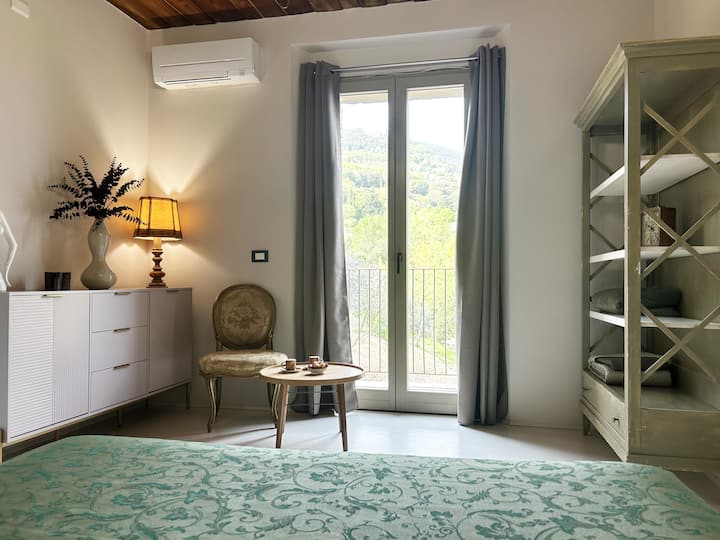 דלת צרפתית, רהיטים, כורסה עם שולחן וארון בגדים