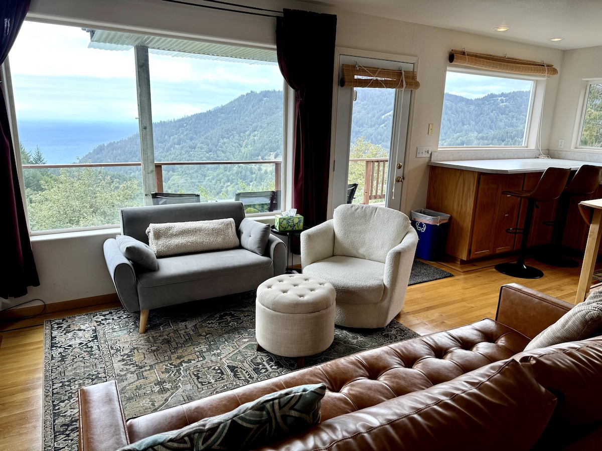 A cozy living area features a plush leather sofa and a soft, upholstered chair, complemented by a round ottoman. Large windows provide expansive views of the mountains and Pacific Ocean, while natural light floods the space. A patterned area rug adds warmth underfoot.
