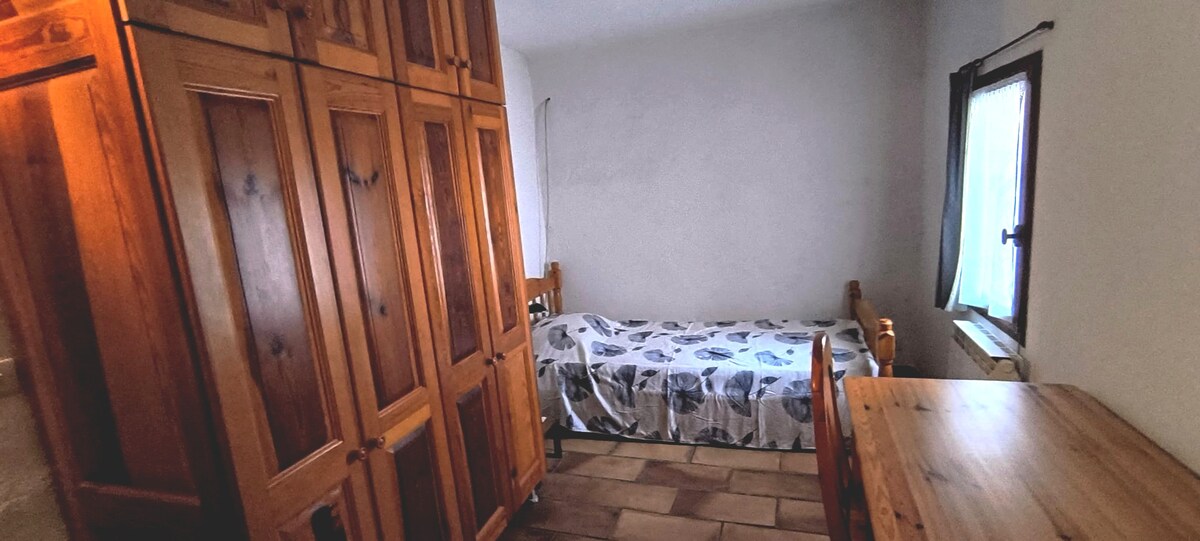 Cama individual + armario con perchas + escritorio.