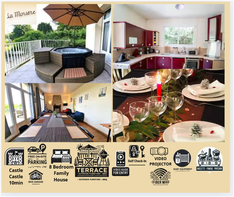 An inviting terrace features a spacious outdoor seating area under a large umbrella, with a jacuzzi nearby. The interior showcases a fully equipped kitchen, complemented by a large dining table set with decorative tableware, creating a warm and communal atmosphere.