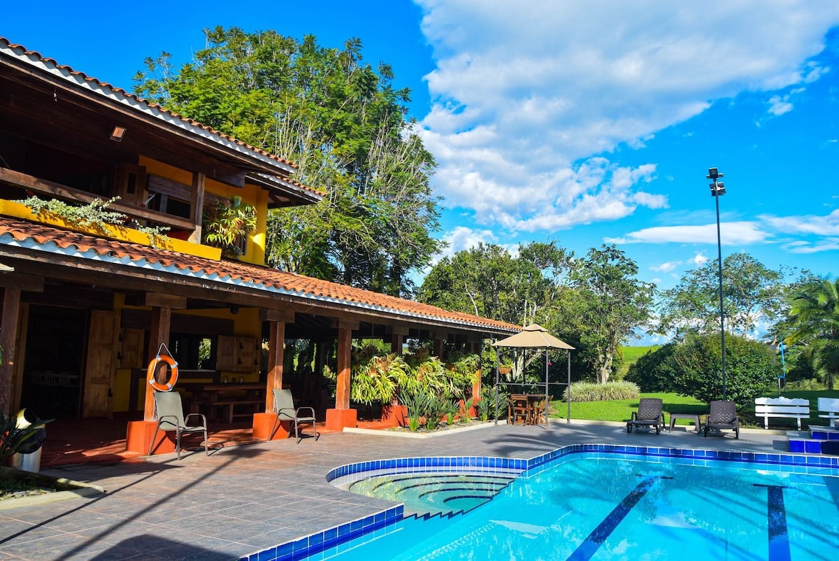 A spacious outdoor area features a swimming pool surrounded by lounge chairs, with a covered dining area and vibrant greenery. A yellow two-story structure stands nearby, with large windows and a sunny sky overhead, creating a relaxing environment for leisure activities.
