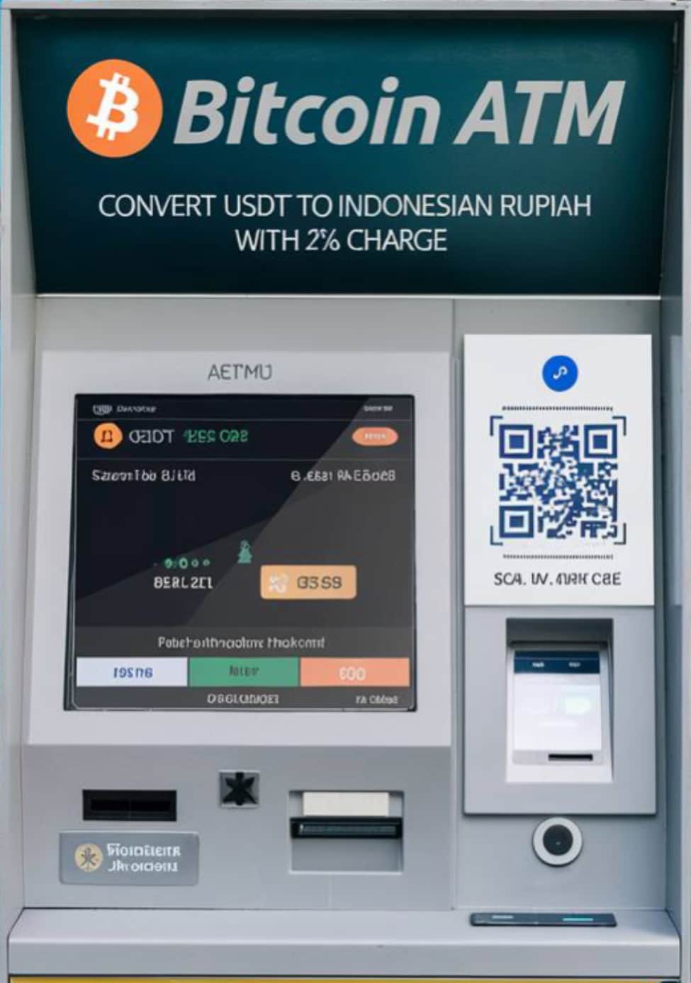 A Bitcoin ATM kiosk is prominently displayed, showcasing a digital screen with transaction options. The interface features financial information, including currency conversion rates, and a QR code for payments. The detailed design includes various input slots for user interaction.