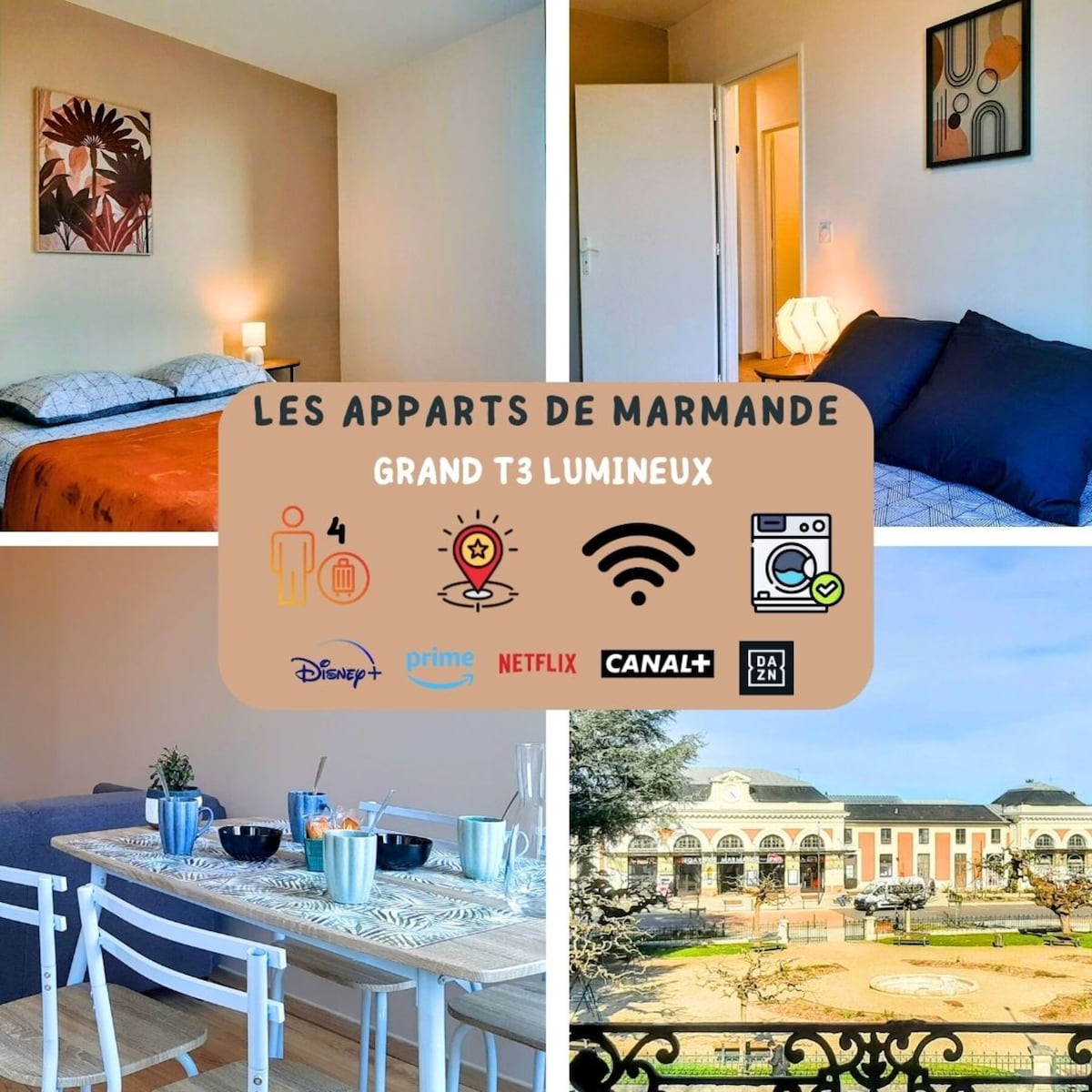 The image displays a spacious living area featuring a dining table set for four, complemented by a cozy seating area. A well-lit bedroom with artistic decor can be seen alongside a glimpse of the nearby outdoor view, enhancing the overall charm of the apartment.