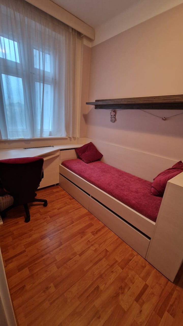 V "detskej izbe" 6m2 sa nachádza jedna menšia posteľ 180x75cm, pracovný stôl so stoličkou a úložné priestory.