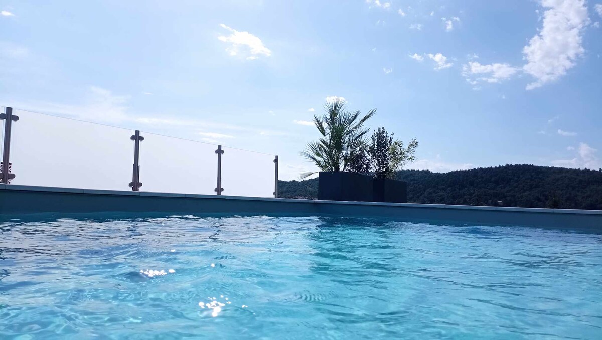 A serene swimming pool is showcased, with clear blue water glistening under the sunlight. Lush greenery is visible in the background, framed by a glass railing that offers an unobstructed view of the surrounding landscape.