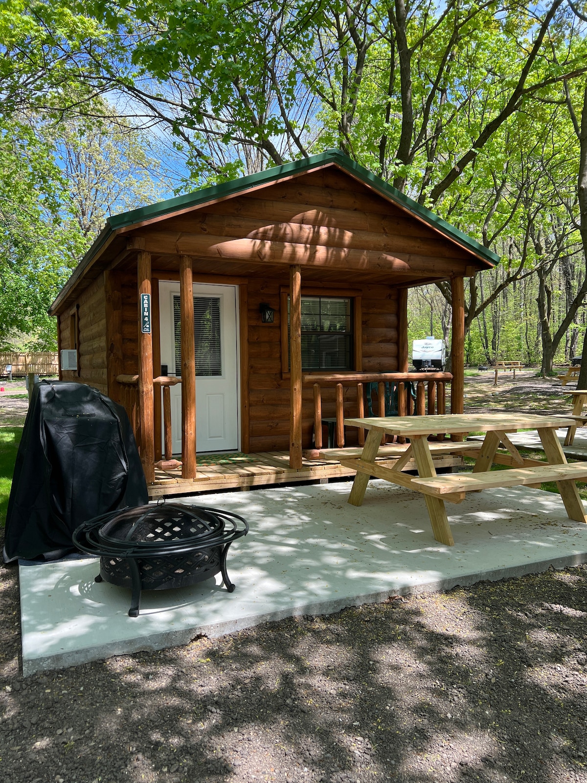 A rustic cabin with a log exterior is framed by lush trees, creating a natural setting. A picnic table and fire pit are positioned on a concrete slab in front. A gas grill is placed nearby, enhancing the outdoor dining experience.