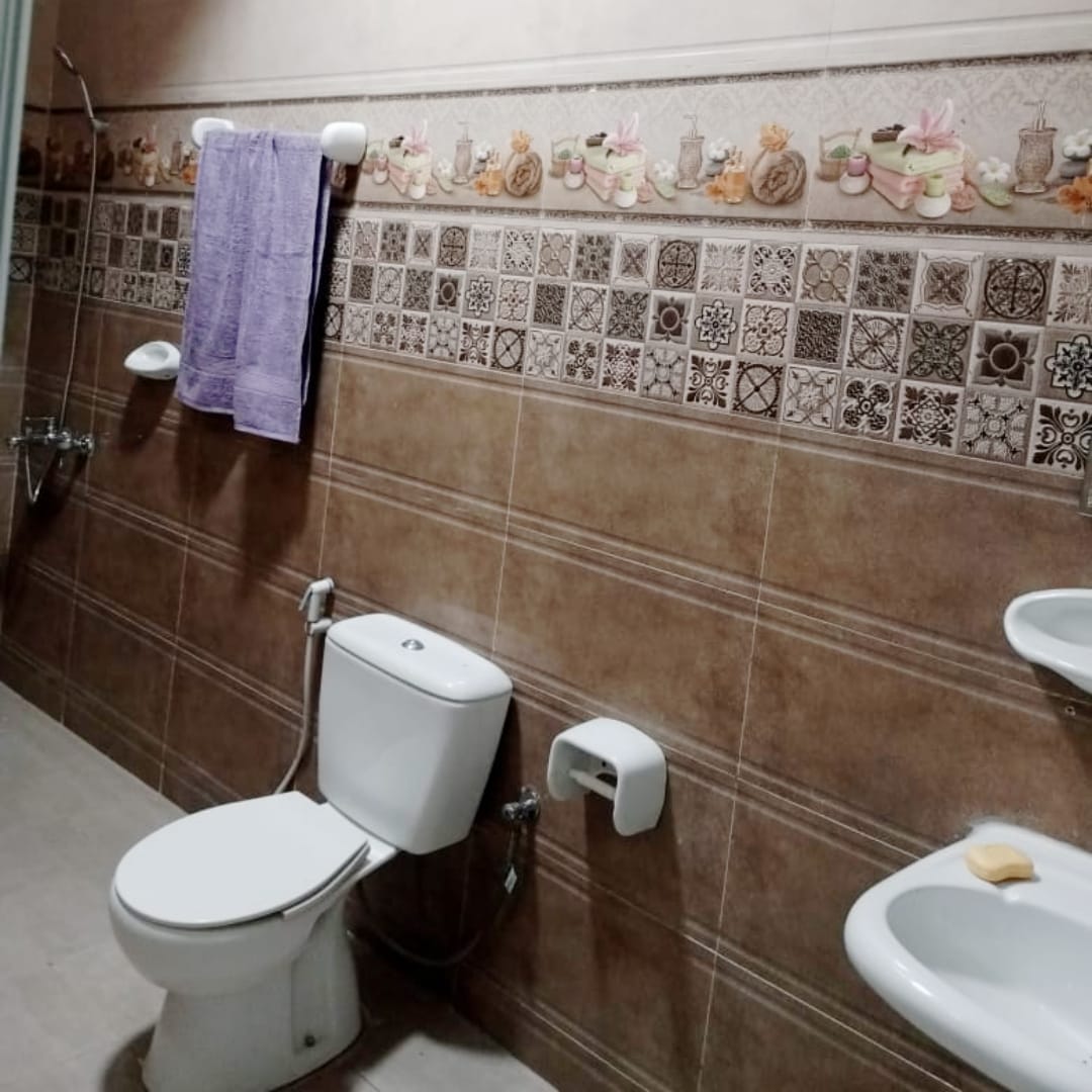 A spacious bathroom features a toilet and a washbasin, with wall tiles showcasing decorative patterns. A purple towel hangs neatly on a towel rack, while essential amenities such as soap are positioned near the basin, enhancing the functional and tidy appearance.