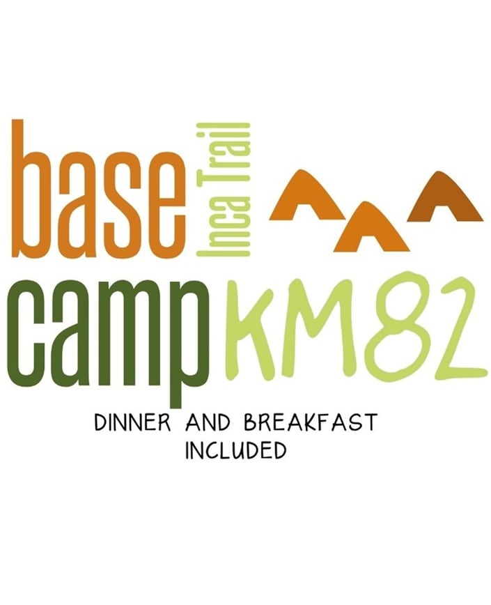 A colorful logo presents the name 'Base Camp Inca Trail KM 82.' The design features bold lettering in various sizes, with earthy tones of orange, green, and black. Simple mountain icons are included, enhancing the outdoor theme. The phrase 'Dinner and Breakfast Included' is displayed prominently.