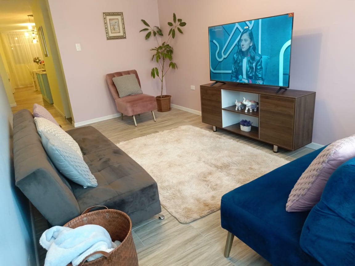 A comfortable living area is presented with two distinct seating options: a gray sofa and a blue accent chair. A neutral rug covers the floor, and a wooden media console displays decorative items. A plant adds a touch of greenery, while a television is mounted on the wall.