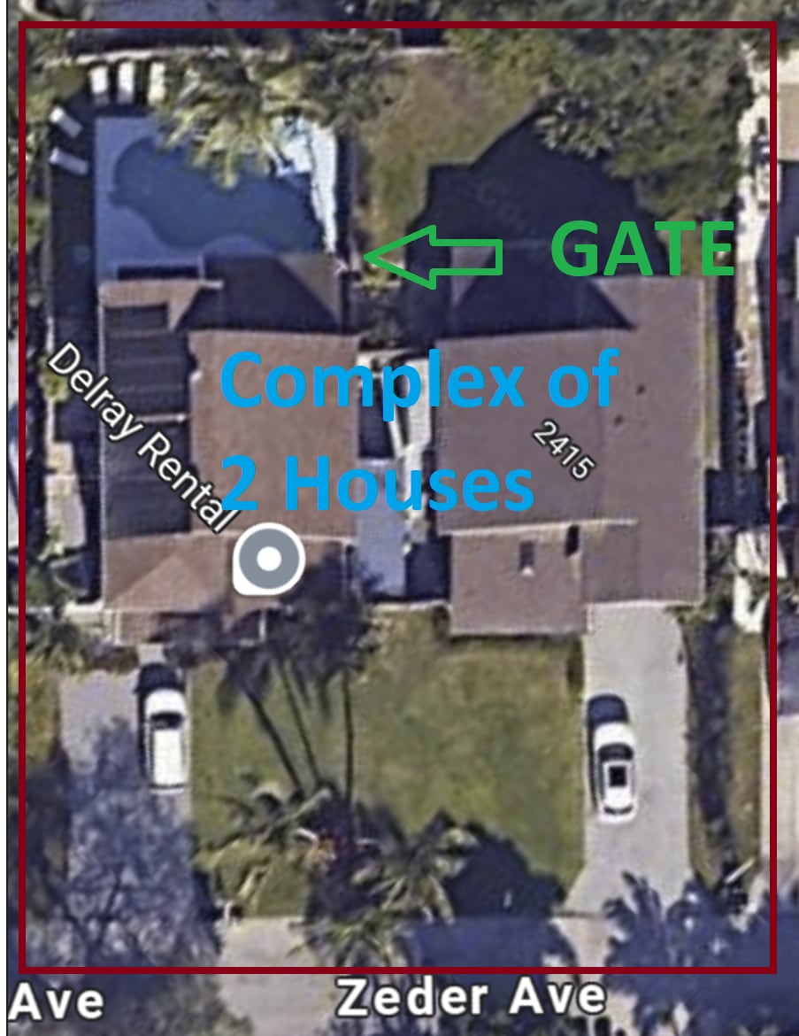 An aerial view captures the layout of a two-house complex, with a large heated pool and surrounding palm trees. The property is bordered by streets, showcasing the gated entrance and parking spaces, offering an overview of the spacious outdoor area.