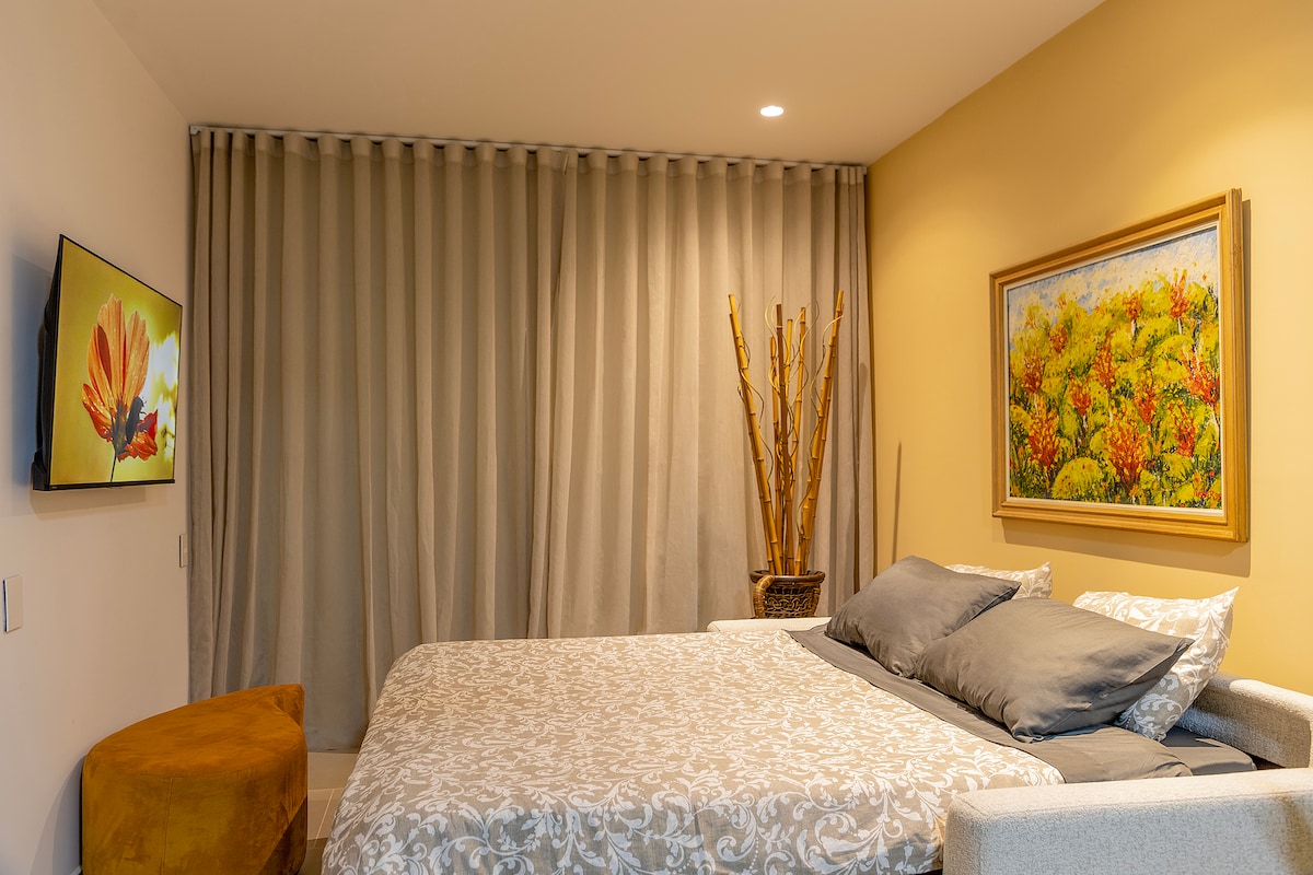 Dhoma ka një divan krevat që transformohet në një krevat dopio "queen" dhe të çon në hapësirë për t 'u bërë një dhomë shumë e rehatshme.