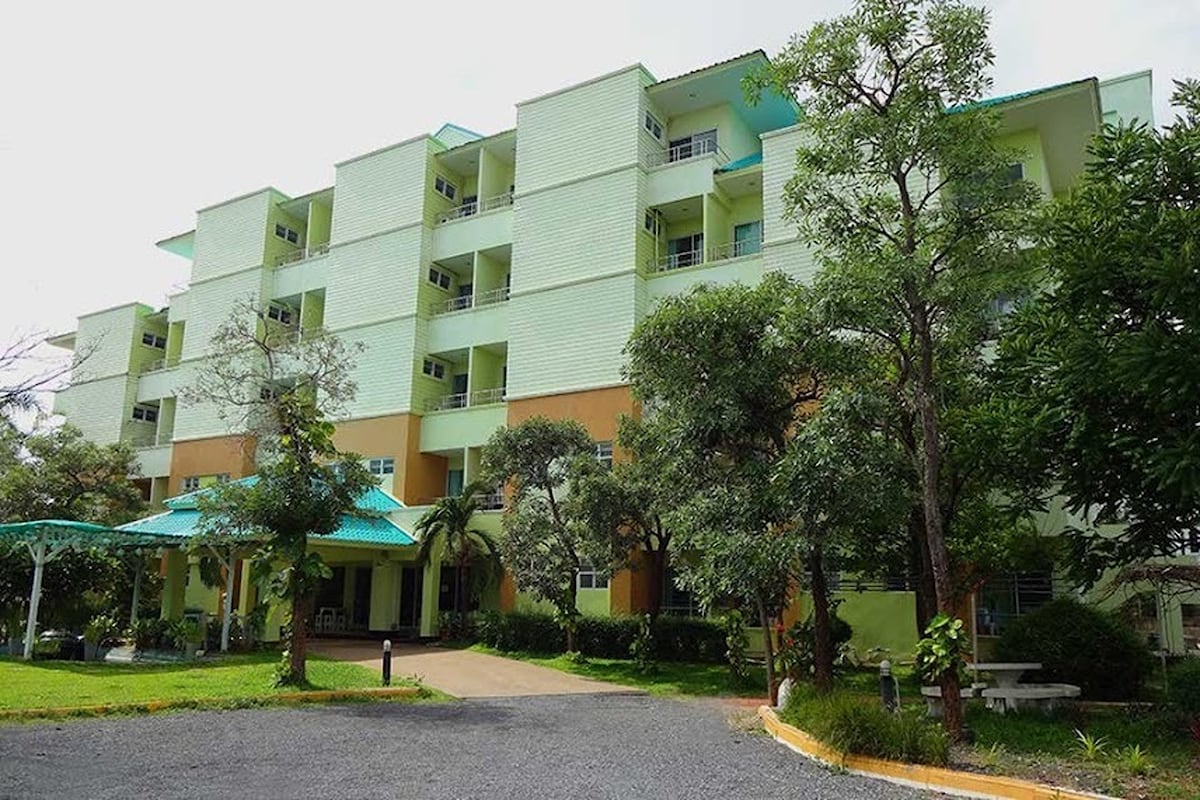 A modern four-story building is surrounded by lush greenery. The exterior features a combination of light green and orange hues. Outdoor seating areas are shaded by trees, while a smooth pathway leads to the entrance, offering an inviting view of the surrounding landscape.