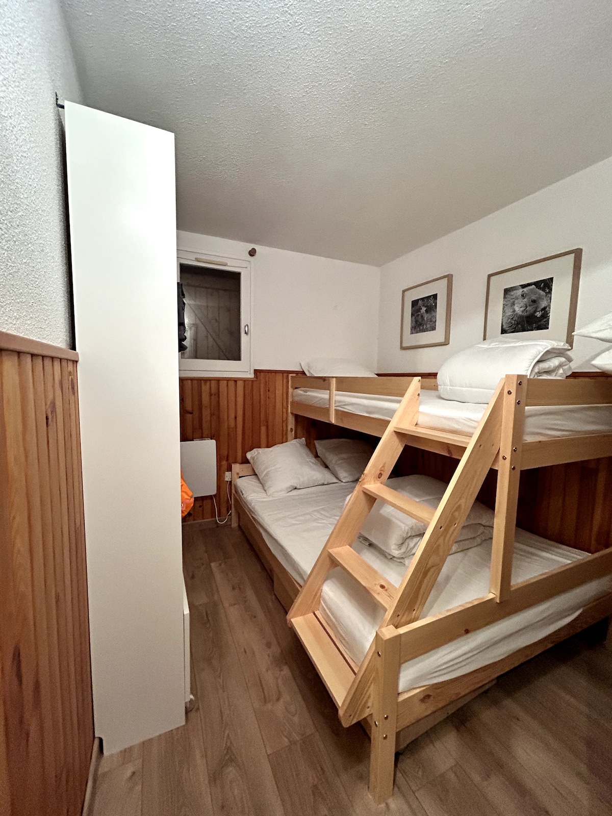 A cozy bedroom is shown featuring wooden paneling and two bunk beds. The lower bunk has a spacious layout, while the upper bunk is accessible via a wooden ladder. Natural light filters through a small window, and framed artworks add a touch of decor.