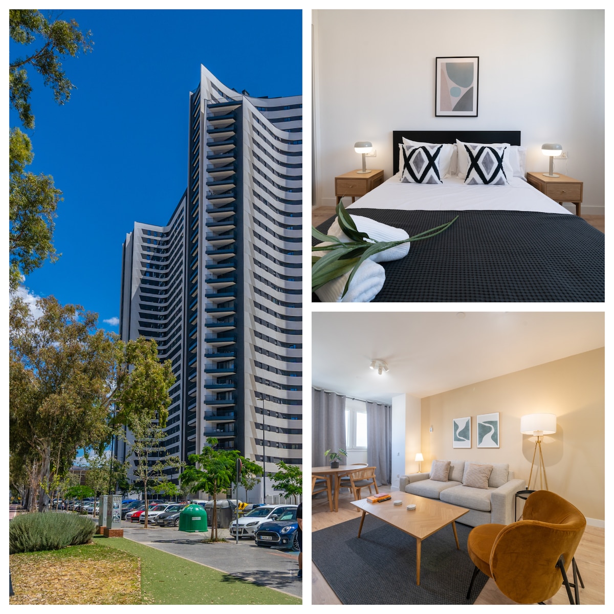 An exterior view of a modern high-rise building is captured under a clear blue sky. The interior features a well-furnished bedroom with a spacious bed adorned with decorative pillows. A cozy lounge area highlights a comfortable sofa, coffee table, and contemporary lighting.